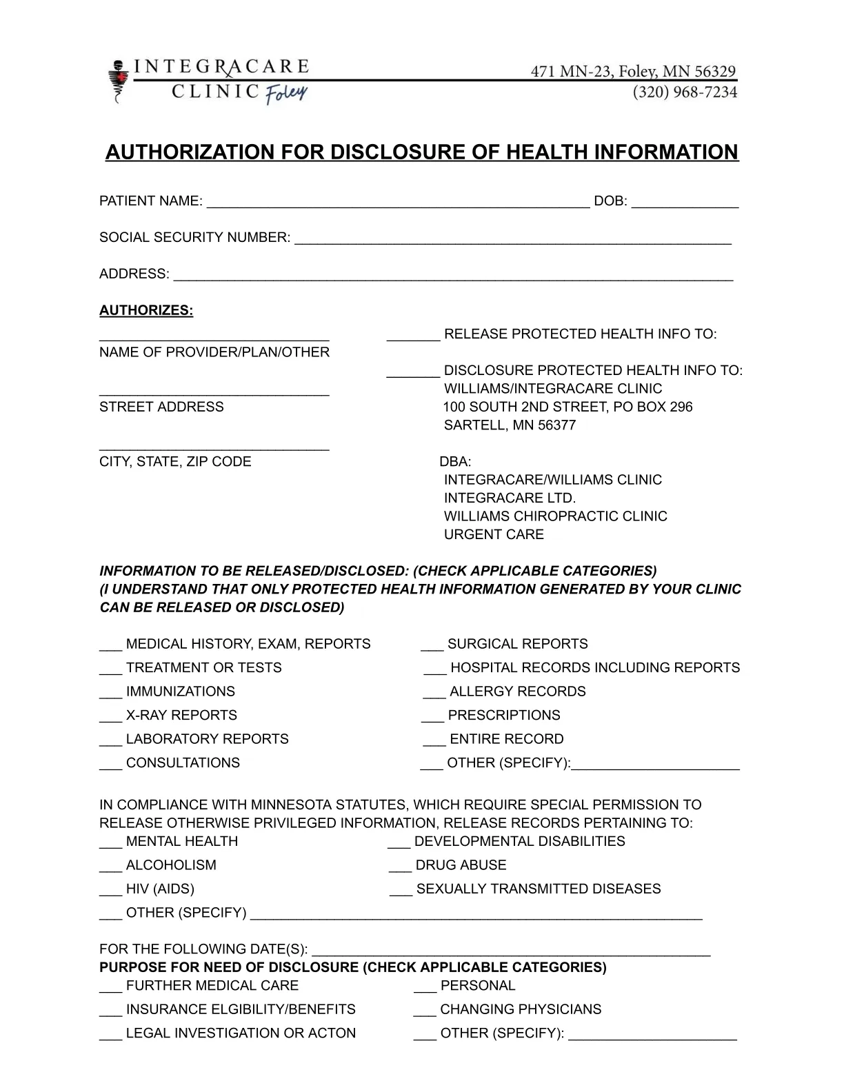 Authorization for Disclosure of Health Information - Sending IN (Foley)
