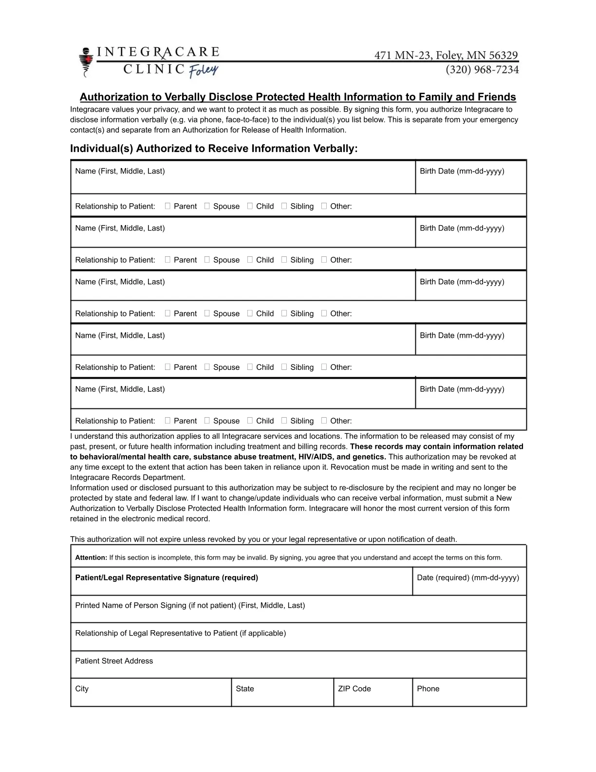 Authorization to Verbally Disclose PHI (Foley)